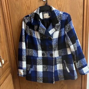 Faded Glory Women's Blue and Black Plaid Pea Coat